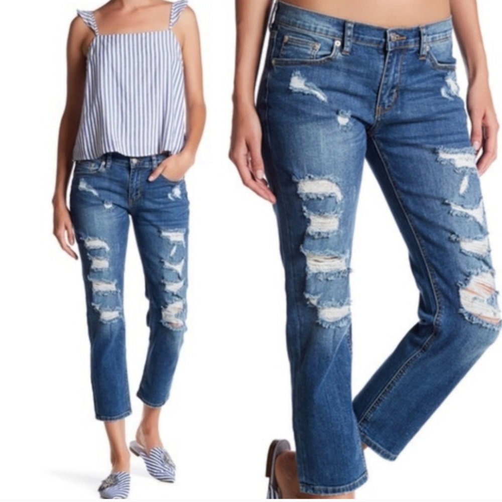 Distressed medium wash Mid-rise Crop Jeans
